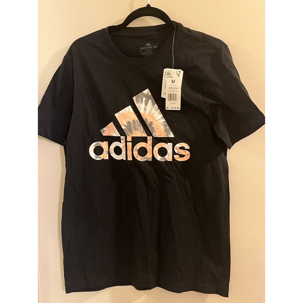 Adidas T-Shirt Mens Medium Black Tie Dye Logo Short Sleeve Crew Neck Outdoor